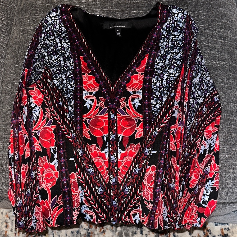 White House Black Market Floral V-Neck Blouse - Red, Black, and Purple